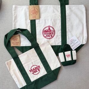 Trader Joe's Canvas Tote Bag Set - Green and Cream